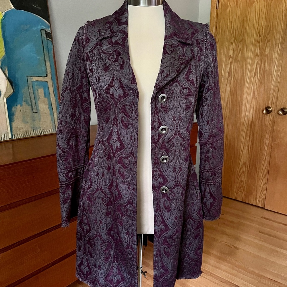 Free People Purple Brocade Tapestry Jacquard Coat Jacket